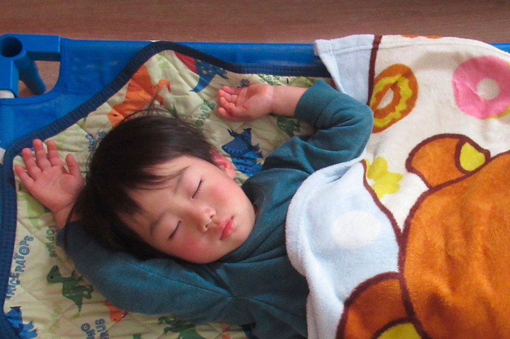 コットベッドでお昼寝をしている園児